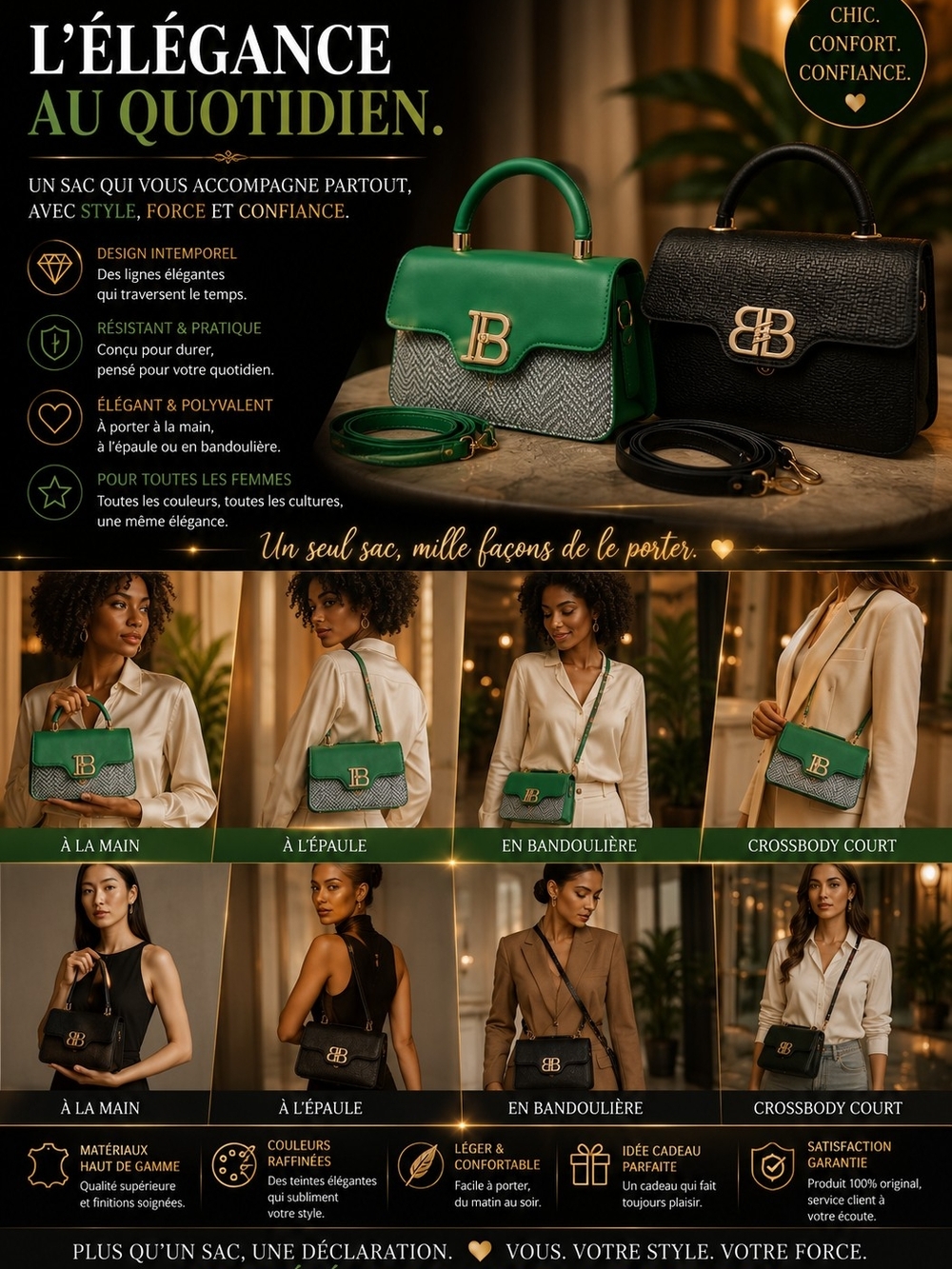 Designer Green and Gray Top-Handle Crossbody Bag with Gold Hardware